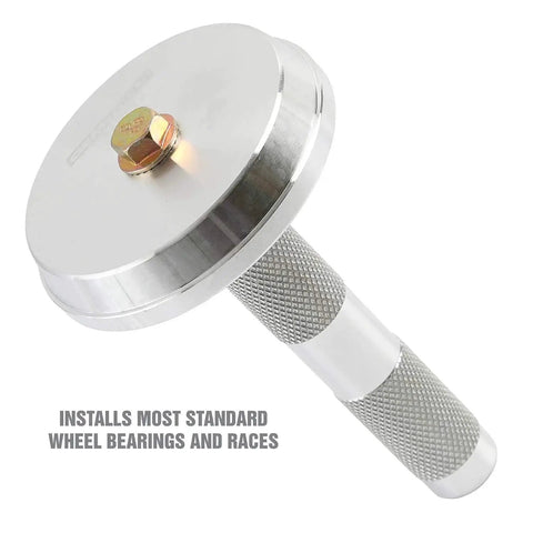 Bearing Race And Seal Driver Set tool for installing wheel bearings, metal construction, detail view with knurled handle.