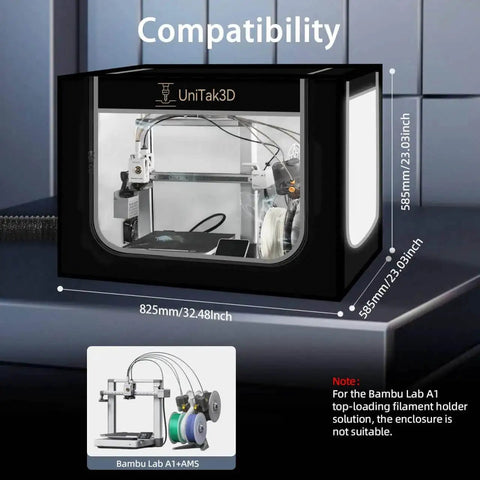 Large 32.5x23x23 Inch 3D Printer Enclosure With Ventilation For A1 AMS Lite shown with measurements and compatibility guide.
