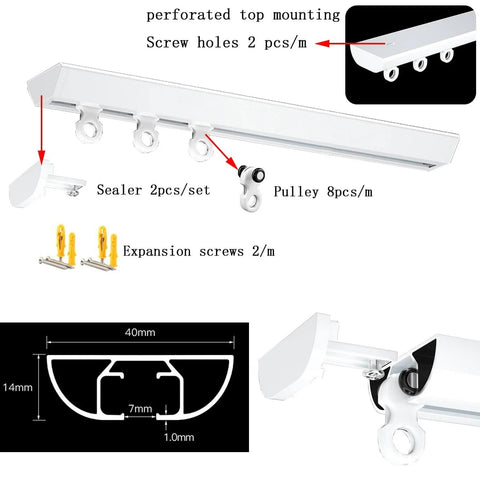 Ultra Thin Ceiling Mount Curtain Track System With Adjustable Length From 1.6 ft To 19.7 ft Sliding Room Divider Rail For Living Room And Bedroom Privacy White Curtain Rail Set 4.6 m components including track, rollers, screws.