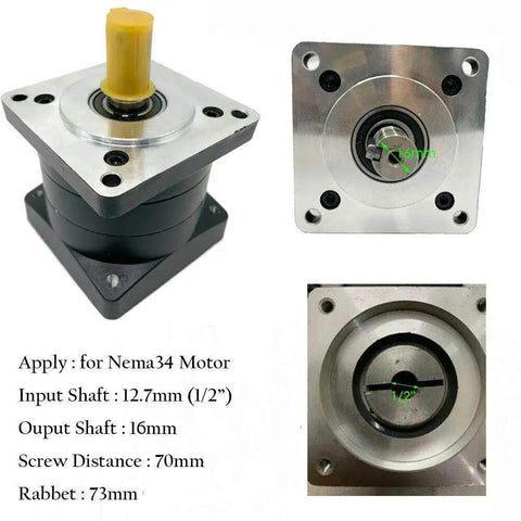 3 To 1 Planetary Gearbox For Nema 34 Stepper Motors, One Half Inch Input Shaft, Sixteen Millimeter Output Shaft, Flange Mount