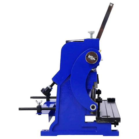 Side view of blue 3-In-1 Sheet Metal Brake 12-Inch Workhorse Combo Shear Brake Roll Machine For Pro Shops, 20-Gauge Capacity