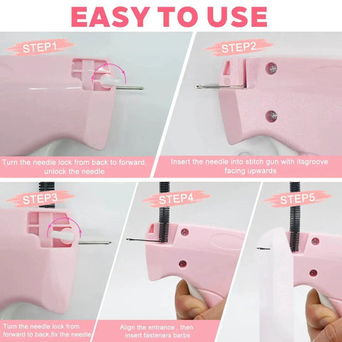 Handheld Stitch Gun step-by-step guide for easy garment repairs, part of a pink sewing kit with 6 needles and 4000 fasteners.