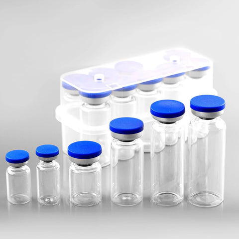 Glass 2ml injection vials with blue plastic-aluminum flip caps, empty, 10-pack, front view with clear storage rack.