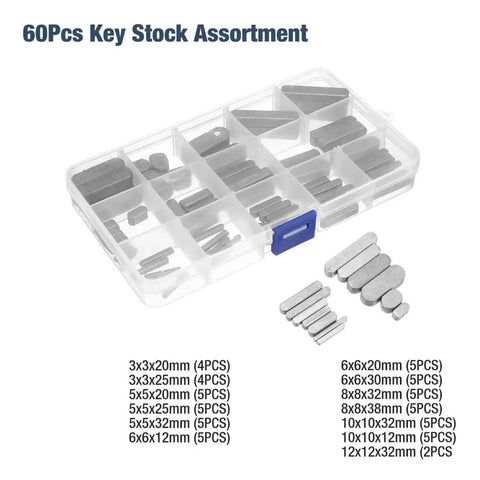 Keystock Bar And Keyway Set With 120 And 180-Piece Assortment For Pulleys Gears And Fasteners displayed in case