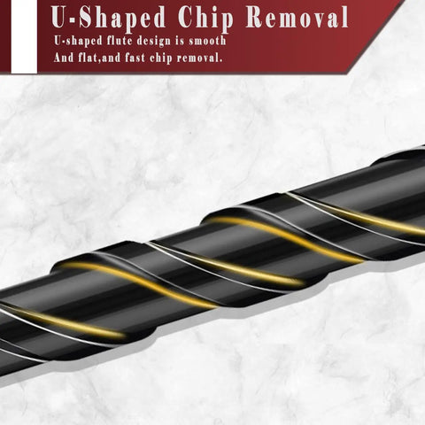 Close-up of 10 Piece Black Upgraded 4 Flute Serrated Carbide Masonry Drill Bit Set for fast drilling; U-shaped chip removal design.
