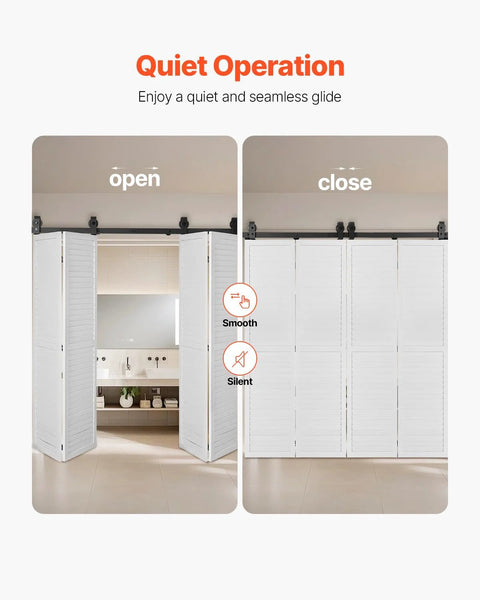 Heavy Duty Bi Folding Sliding Barn Door Hardware Track Kit Fits Four 15 Inch Closet Pantry Or Laundry Doors With Smooth Quiet Operation Easy To Install And Supports Up To 330 Lbs For Commercial And Home Use, shown in open and closed positions.