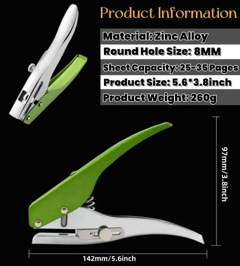 Heavy Duty Single Hole Punch Handheld Paper Punch For Cards Tags Scrapbooks And Crafts Five Sixteenth Inch Eight Millimeter Hole Size, Ergonomic Zinc Alloy Puncher shown with product details and dimensions in black and green color.