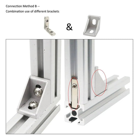 L Shape Corner Connector Bracket Set For 20x20 Aluminum Extrusion Profiles 6mm Slot with brackets installed showing connection method B