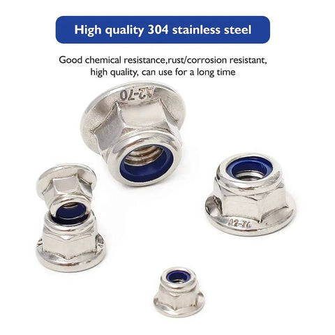 Beefy Flange Lock Nuts With Nylon Insert, 304 Stainless Steel DIN985, Bright Finish, multiple sizes displayed