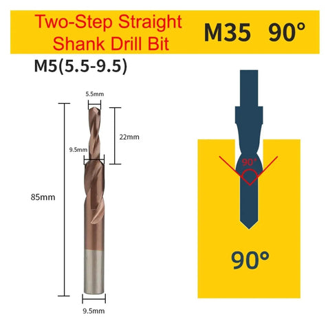 M35 Cobalt Two Stage Step Drill Bit With Counterbore And Countersink For Stainless Steel Pro Grade Drill Bit, side view with dimensions.