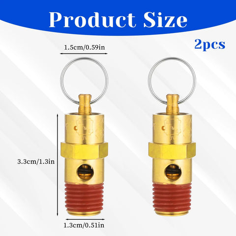 Two brass 1/4-inch NPT air compressor relief valves with pull rings and red threaded ends