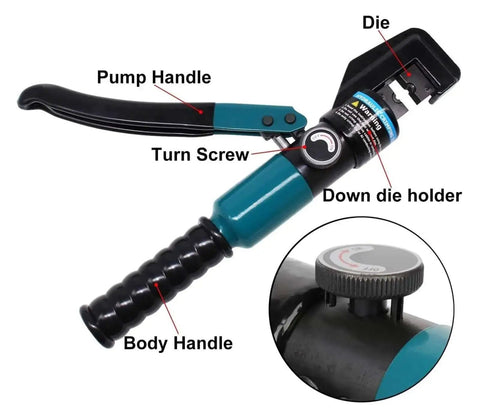 Labeled components of Beefy 10 Ton Hydraulic Crimping Tool With Eight Dies for cable lugs, showing pump handle, turn screw, die