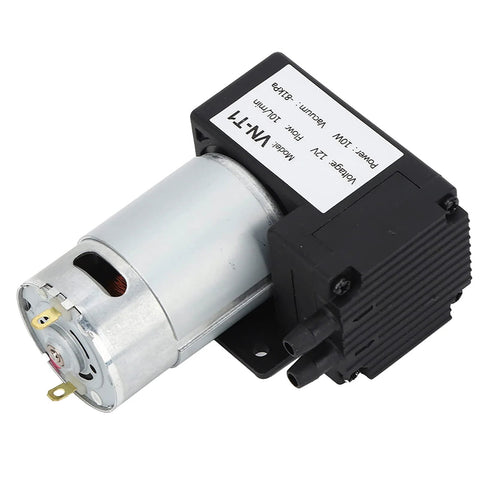 Miniature DC vacuum pump with silver motor and black control box, 12V DC, 10 L/min.
