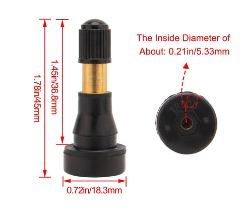 Front and top view of High Pressure Tire Valve Stems Heavy Duty Brass Rubber Snap In Valve Stems 100 Pack Ozone Tested