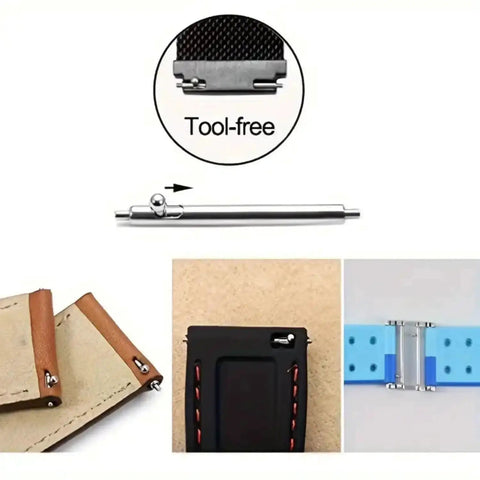 20mm Quick Release Watch Pins Set, Stainless Steel Replacement Band Pins, 6Pcs, 1.5mm Diameter, Includes Spring Bar Tool, Fits 18mm To 24mm Lug Width, Easy Swap For Your Watch Strap shown with installation examples