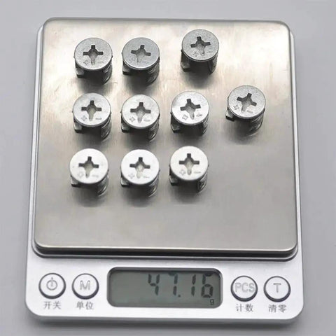 Cam Lock Fittings For Furniture Connectors Kit 20 Pack 15mm x 12mm, zinc alloy, on scale showcasing weight for cabinets drawers