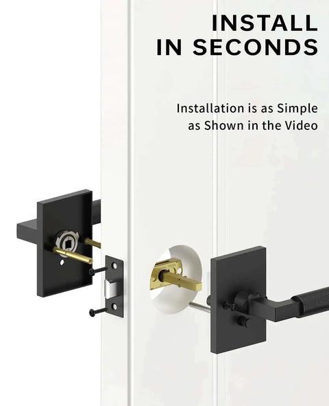 Installation of Six Pack Black Privacy Door Handles With Levers And Knobs For Indoor Doors showing assembly on white door