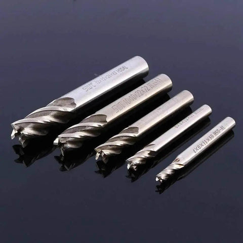 4 Flute HSS End Mill Bits Set For CNC Milling, Straight Shank Cutter Tools, 4mm To 12mm Range, Pro Grade Insert End Mills For Copper Aluminum Tool Steel Cast Iron, Fast Cutting And Durable Edges displayed on a dark surface