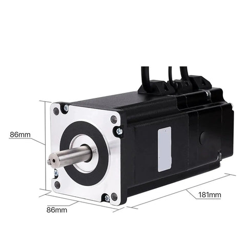 NEMA 34 closed-loop stepper motor, front view with silver mounting flange, black housing, exposed shaft