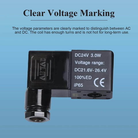 Close-up of 2 Pack DC 24V Pneumatic Solenoid Valve Coil Replacement with voltage marking and specs visible on black connector.