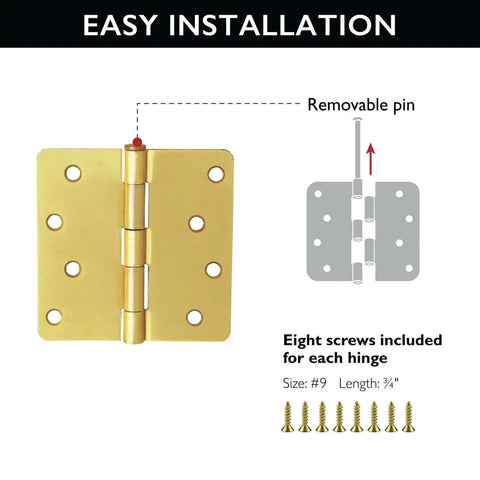Heavy Duty Steel Door Hinges Satin Brass Finish 4 Inch Radius One Quarter Inch with screws and removable pin diagram