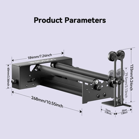 Side view of Ultimate Y Axis Rotary Roller For Laser Engravers With Bracket 360 Degree Spin showing dimensions.