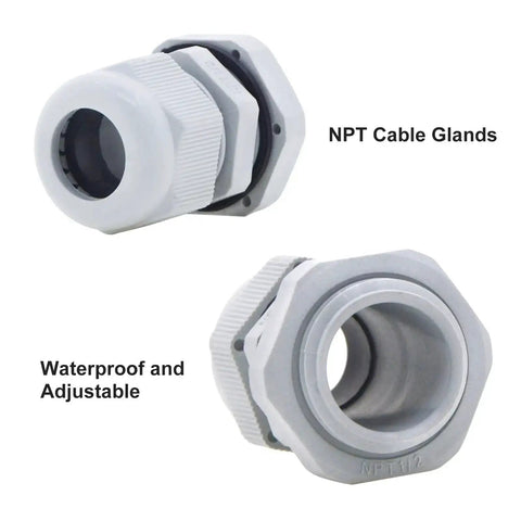 Waterproof NPT Cable Glands Half Inch Gray Nylon 25 Pack Adjustable Cable Gland Strain Relief Cord Grips with gaskets and locknut
