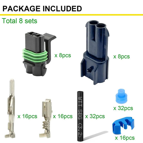 Weather Pack 2 Pin Waterproof Automotive Connector Kit With Male And Female Terminals For 14 To 12 AWG Wire package contents