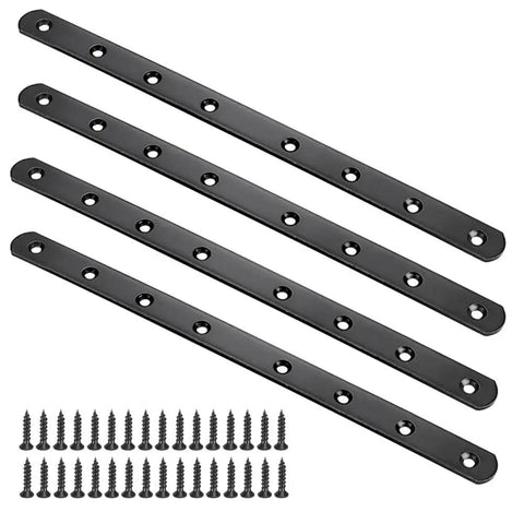 Stainless Steel Flat Mending Plates Set Of 4 For Wood And Metal Repair, 12 Inch Length, 0.8 Inch Wide, with screws, black finish.