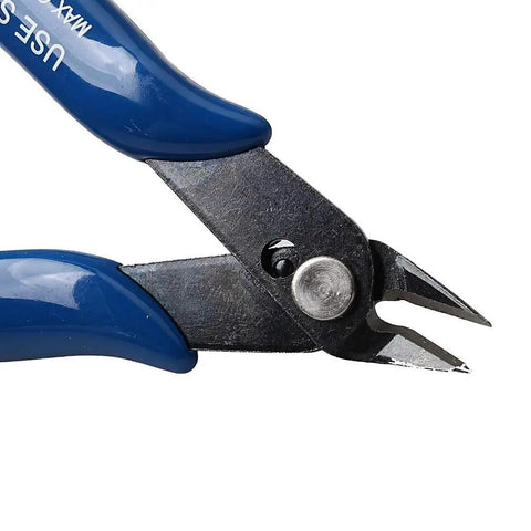 Close-up of 2 Pc Dark Blue Wire Cutter Set With Flush Cutters And Diagonal Pliers For Electronics Repair Jewelry Making DIY Projects.