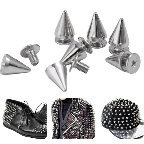 Screw Back Studs And Spikes Rivets For Metal Punk Clothes Shoes Bags Leather shown with punk fashion use examples.