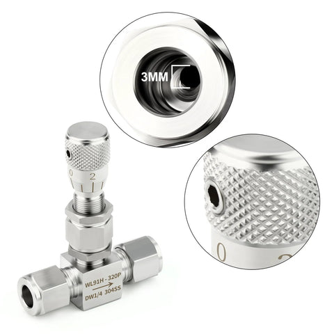 TAISHER 3mm needle valve, 1/4 in. OD, 304 stainless steel with knurled adjustment for micro flow control