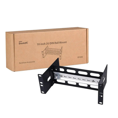 10 Inch 2U Adjustable DIN Rail Mount Bracket For DeskPi RackMate T1 T0 T2 T0 Plus T1 Plus TL1 Rack Ready in black with packaging