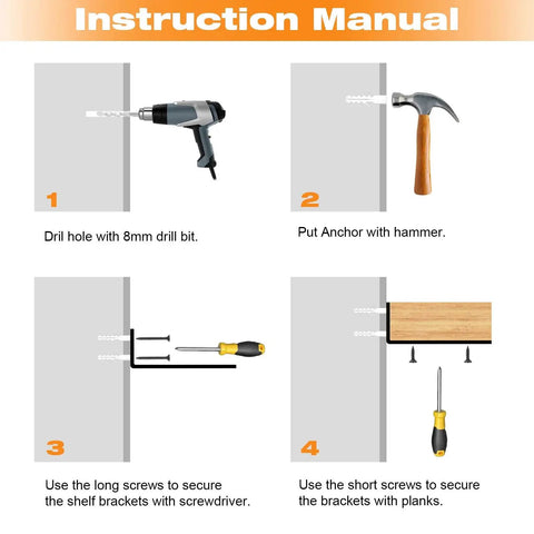 Instruction manual for installing Heavy Duty 10 Inch L Shaped Shelf Brackets 6 Pack Steel Wall Mount Brackets with tools.