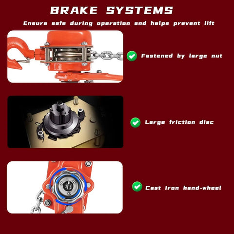 Brake system details of Lever Chain Hoist Come Along For Heavy Lifting Three Quarters Ton Capacity 1650 Lbs 20 Feet Reach