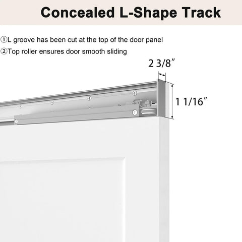Concealed Sliding Barn Door 36 By 84 Inches Shaker Style Flat One Panel White Primed with L-shape track details and dimensions.