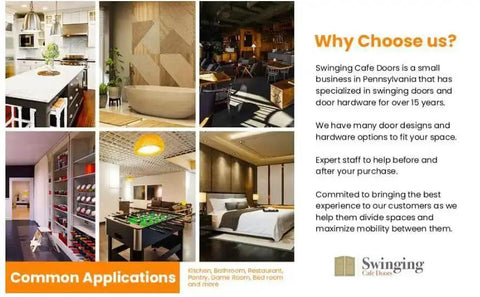 Collage of applications for swinging cafe doors including kitchen, bathroom, restaurant, featuring door hardware, with company information.
