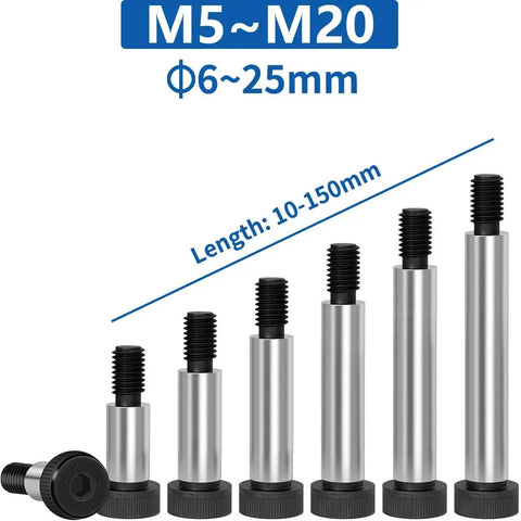 Heavy Duty M6 Shoulder Screws Alloy Steel Grade 12.9 Shoulder Bolts with various sizes, round head, polished steel.