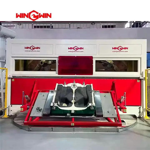 Industrial waterjet cutting machine with dual nozzles and red framework, designed for precise material cutting.