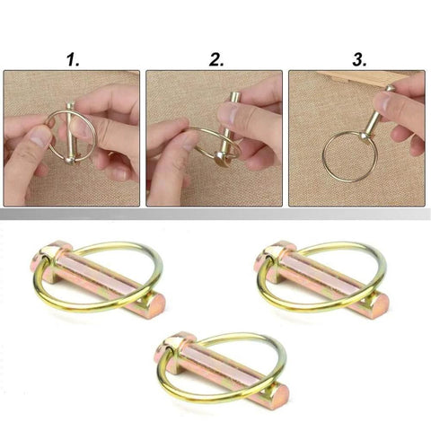 Six Piece Lynch Pin Kit With Ring Heavy Duty Seven Sixteenth Inch By One Three Quarter Inch Pins for Farm Tractors, shown in use and detail view.