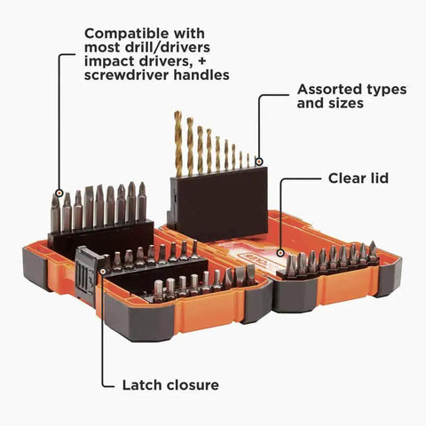 Do It All 46-Piece Drill And Screwdriver Bit Set For Home Projects in orange case, assorted bit sizes with clear lid and latch closure.