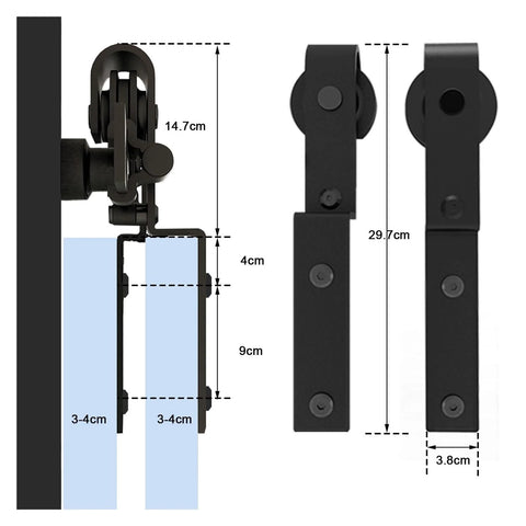 Bypass Sliding Barn Door Hardware Kit For Double Doors With Bent Track Hanger System, showing detailed measurements and components.