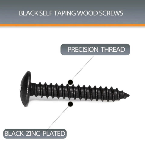 Black zinc plated self-tapping wood screw, precision thread, from Beefy Set Of 100 8 By 1 Inch Wood Screws Self Tapping Truss Head Phillips Stainless Steel 304 Black Oxide For DIY Woodworking Decks Cabinets And Outdoor Projects Today