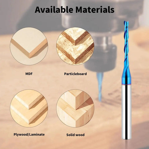 Upcut Spiral Router Bit With One Quarter Inch Shank And One Eighth Inch Cutting Diameter For Wood Cutting And Carving, Extra Long Three Inch Overall Length, Solid Carbide With Nano Blue Coating For CNC Router Bits Eanosic shown with compatible materials MDF, particleboard, plywood, and solid wood.