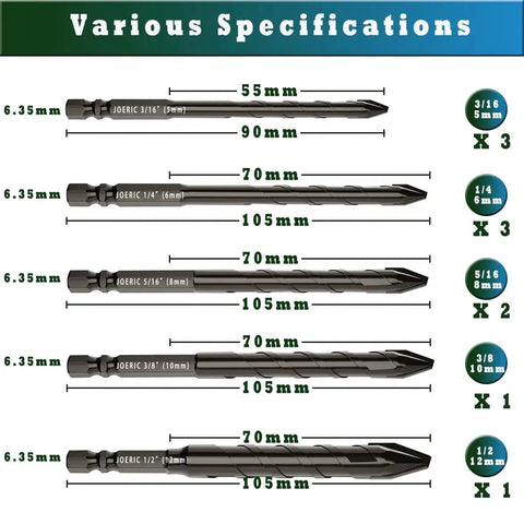 Eccentric Drill Bit Set 10 Piece Three Sixteenths To One Half Inch For Masonry Concrete Tile Glass Brick Plastic Cement Wood With Durable Storage Case Pro DIYers Black, showing various sizes and specifications.