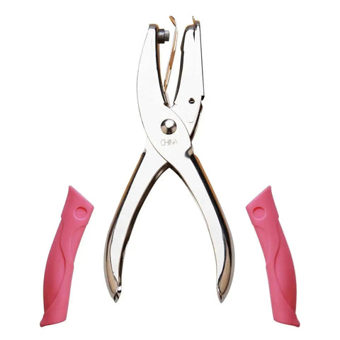 1mm Circle Hole Punch For Craft Paper With Pink Handy Grip Handle, metal body, side view, small circle cutter for scrapbooking and DIY projects