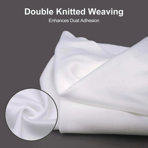 Folded double-knit polyester cleanroom wipe with close-up of weave texture, labeled 'enhances dust adhesion.'