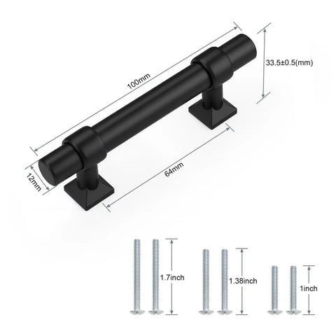 Matte Black Cabinet Pulls 5 Pack With 2.5 Inch Hole Centers T Bar Drawer Pulls, stainless steel with screws and dimensions shown