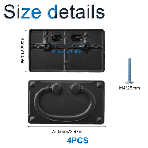 Size details of 4 Pack Black Zinc Alloy Furniture Ring Pulls And Antique Style Cabinet Drawer Pulls with dimensions and screw size