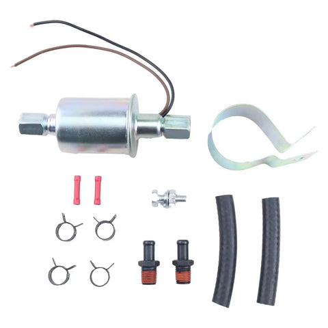 Universal 12V Electric Fuel Pump With Installation Kit SP1141 3/8 Inch Inlet And Outlet 5 To 9 PSI Compatible With Chevrolet Buick Plymouth Pontiac Carbureted Cars Replacement For Airtex E8090 shown with installation accessories